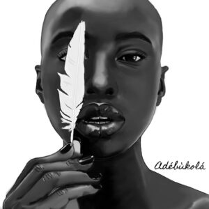 A Monochrome image of a lady with a feather by Bukola Ibirogba